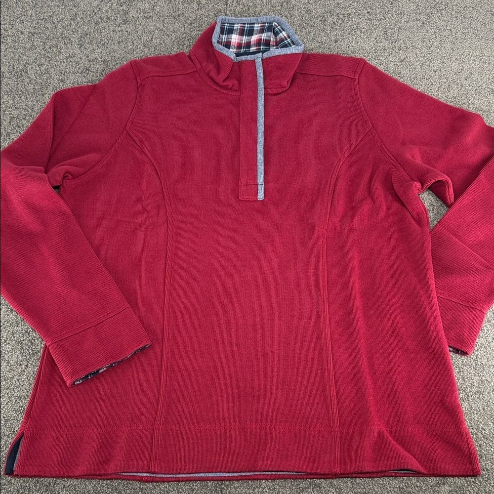 Orvis Sweater Wm Medium Burgundy Blue 1/4 Zip Pullover Classic Cotton